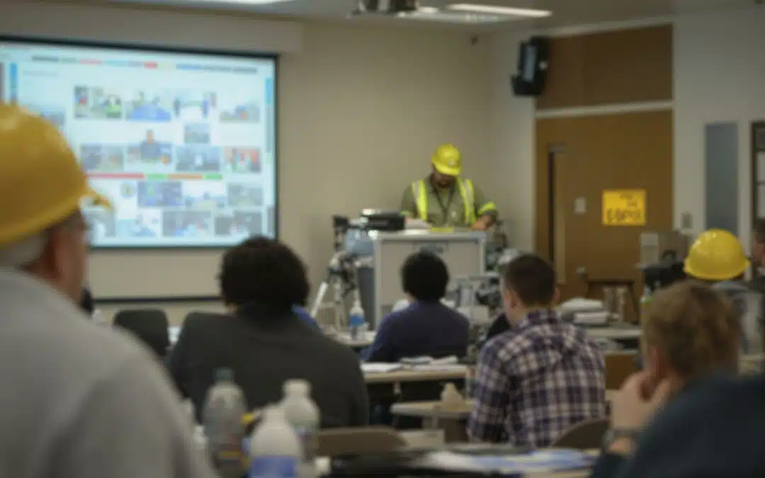 Construction worker presenting to a group in a classroom.