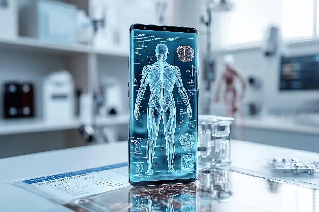 Écran de smartphone affichant un modèle anatomique holographique détaillé