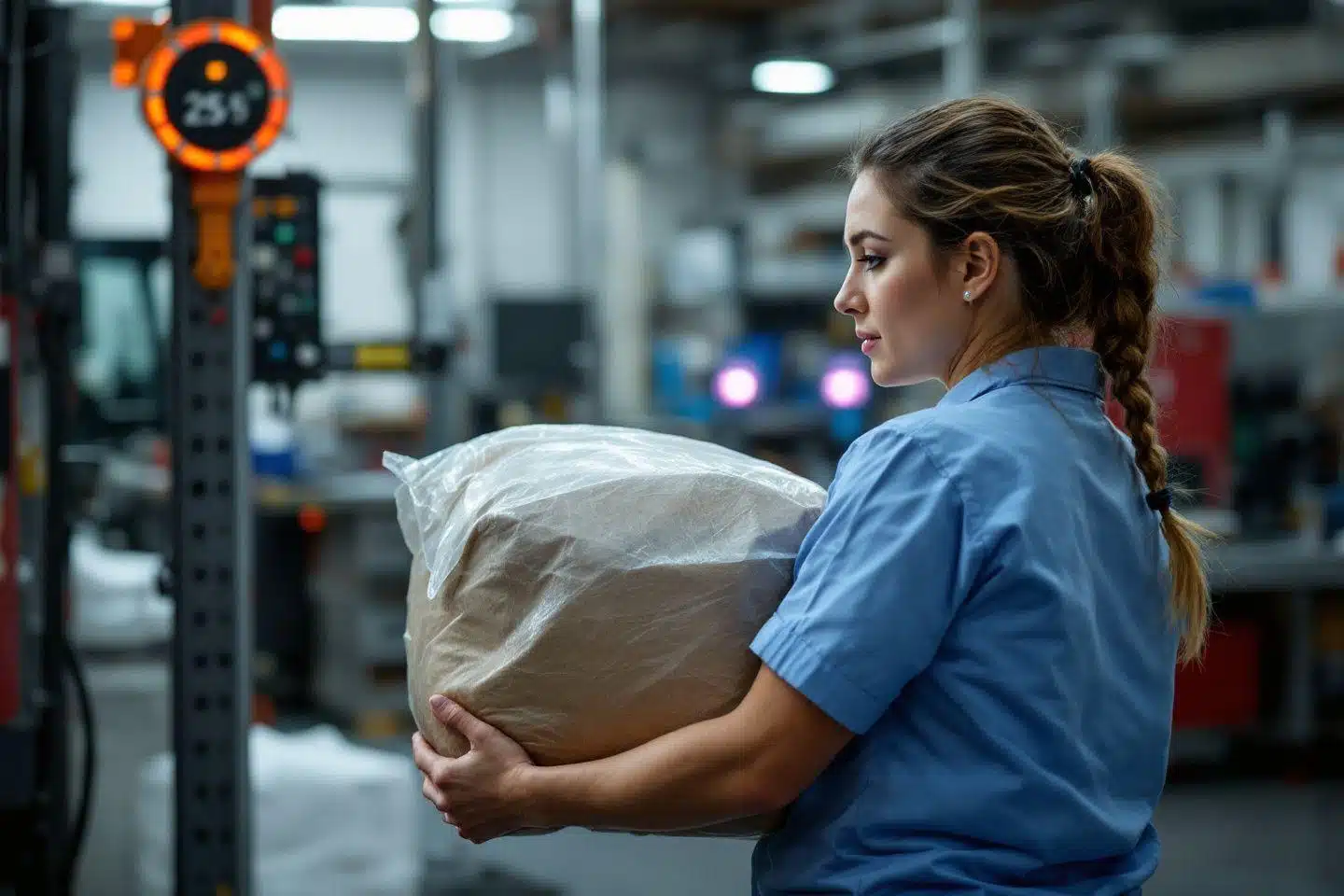 Femme en bleu transportant un sac blanc dans une usine
