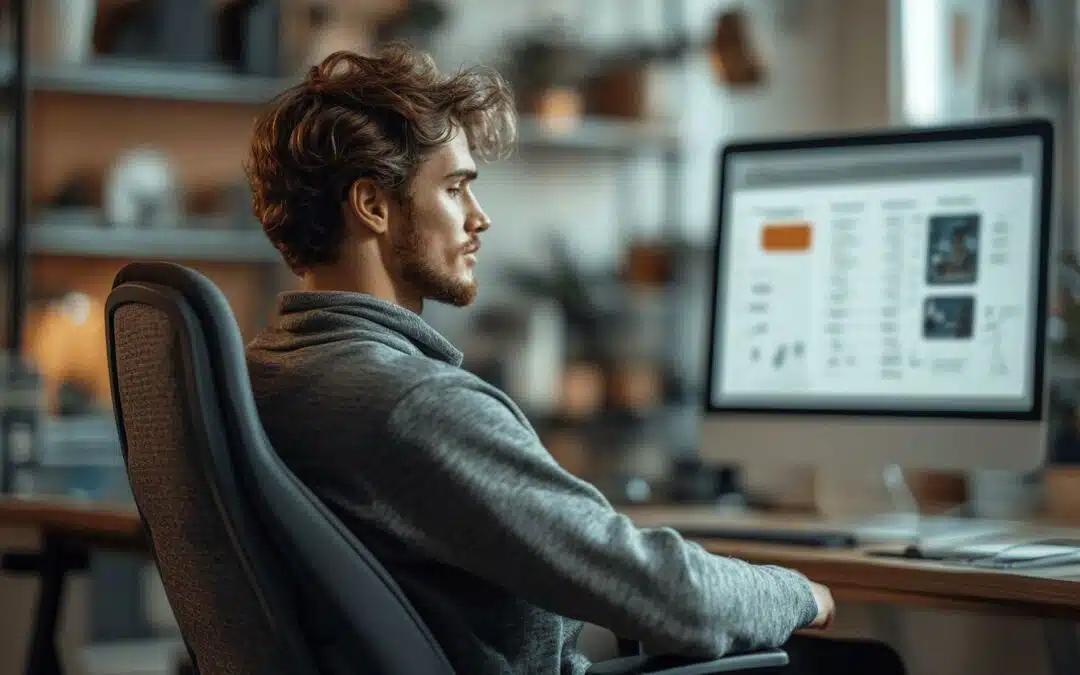 Un homme travaille intensément sur un ordinateur de bureau