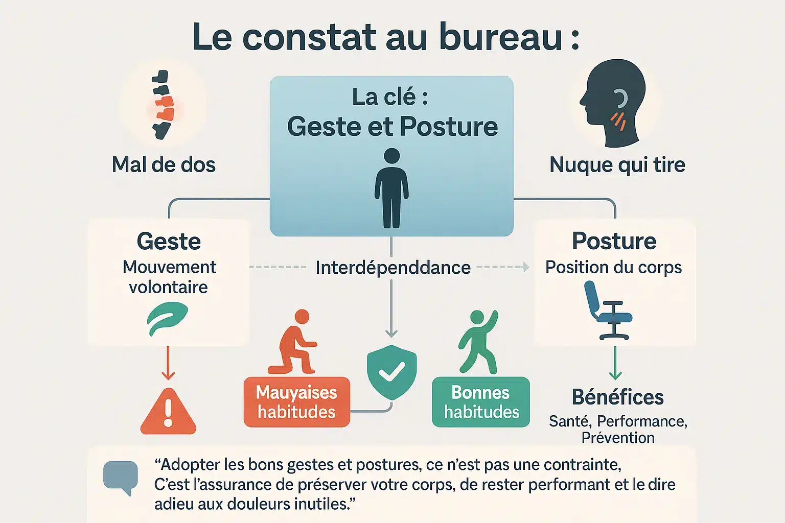 Personne travaillant correctement installée à son bureau avec un bon équilibre entre écran, clavier et chaise ergonomique