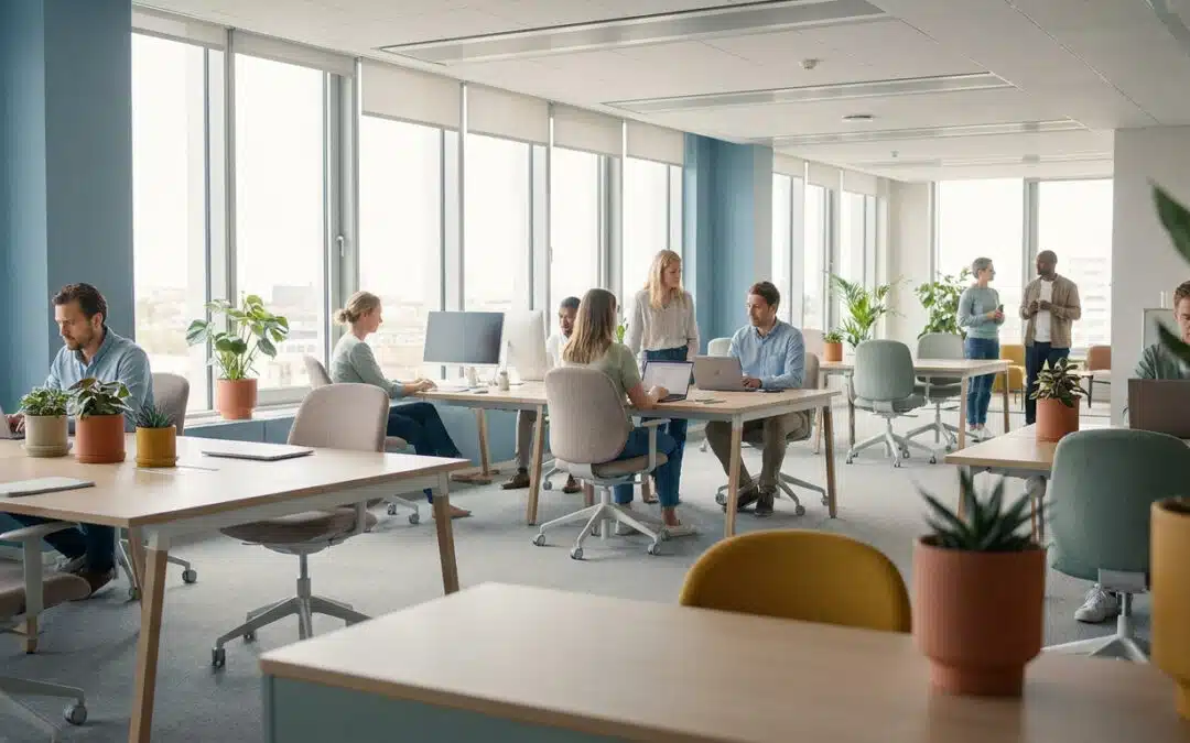 Employés travaillant paisiblement dans un bureau moderne lumineux et végétalisé.