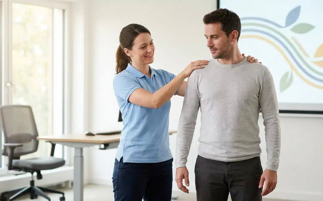 Une formatrice en polo bleu conseille un homme sur sa posture dans un bureau professionnel.
