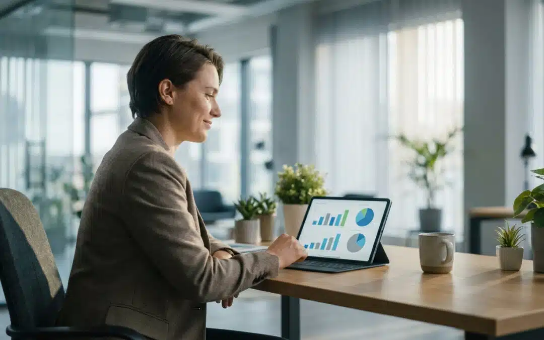 Une femme d'affaires souriante travaillant sur une tablette affichant des graphiques dans un bureau moderne lumineux.